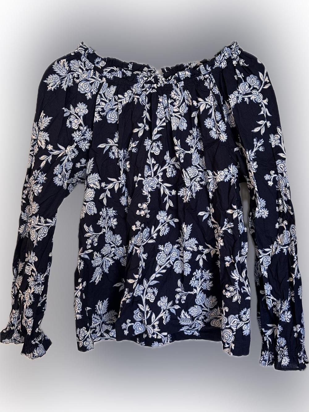 J. Crew Navy & White Floral Off-Shoulder Tie Back Blouse